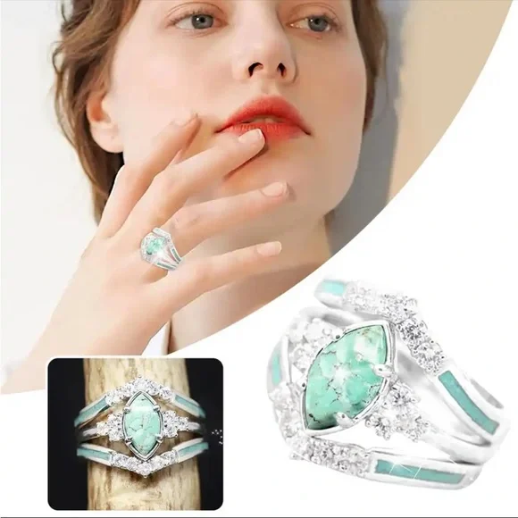 New 3pcs/set Turquoise Exquisite Moissanite Anniversary Party Ring - Picture 5 of 16